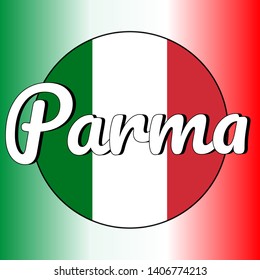 Round button Icon of national flag of Italy with red, white and green colors and inscription of city name: Parma in modern style. Italian national colors gradient on the background