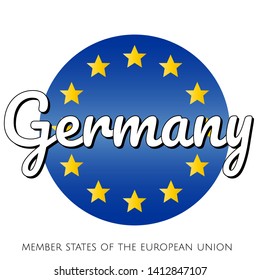 Round button Icon of national flag of The European Union with blue gradient background and yellow and gold stars and inscription with name of member state country of the EU: Germany.