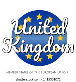 Round button Icon of national flag of The European Union with blue gradient background and yellow and gold stars and inscription with name of member state country of the EU: United Kingdom.