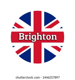 Round button Icon of national flag of United Kingdom of Great Britain. Union Jack on the white background with lettering of city name Brighton. Inscription for logo, banner, t-shirt print