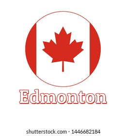 Round button Icon of national flag of Canada with red maple leaf on the white background and lettering of city name Edmonton. Inscription for logo, banner, t-shirt print. Vector illustration