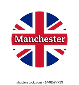 Round button Icon of national flag of United Kingdom of Great Britain. Union Jack on the white background with lettering of city name Manchester. Inscription for logo, banner, t-shirt print
