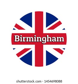 Round button Icon of national flag of United Kingdom of Great Britain. Union Jack on the white background with lettering of city name Birmingham. Inscription for logo, banner, t-shirt print