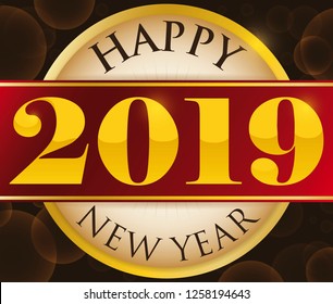 Round button with label and golden greeting message for new year celebration in 2019.