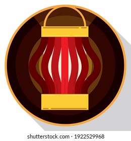 Round button with a lighted paper cup Chinese lantern in flat style and long shadow.