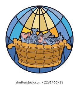 Round button like stained glass with scene of illuminated basket plenty of fishes inside it. Religious design in flat colors and outlines.