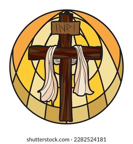 Round button like a stained glass with Christian cross and white cloth. Design in flat colors and outlines.