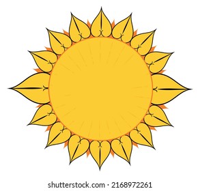 Round button like the sun and corona like flames or sunflower leaves. Concept in flat style with outlines.