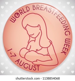 Round button with loving mom  breastfeeding her child in outline style, celebrating World Breastfeeding Week in August.