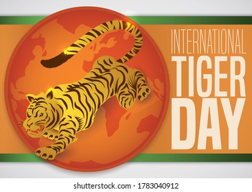 Round button with majestic tiger and globe inside of it, promoting awareness and conscience about this endangered species during International Tiger Day.