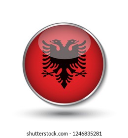 Round button national flag of Albania with the reflection of light and shadow. Icon country. Realistic vector illustration.