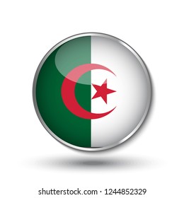 Round button national flag of Algeria with the reflection of light and shadow. Icon country. Realistic vector illustration.