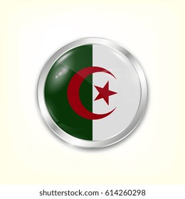 Round button national flag of Algeria with the reflection of light and shadow. Icon country. Realistic vector illustration.