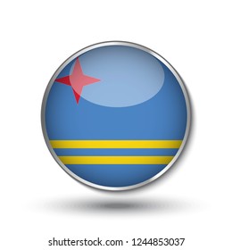 Round button national flag of Aruba with the reflection of light and shadow. Icon country. Realistic vector illustration.