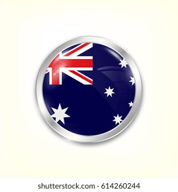 Round button national flag of Australia with the reflection of light and shadow. Icon country. Realistic vector illustration.