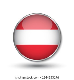 Round button national flag of Austria with the reflection of light and shadow. Icon country. Realistic vector illustration.