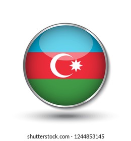 Round button national flag of Azerbaijan  
 with the reflection of light and shadow. Icon country. Realistic vector illustration.