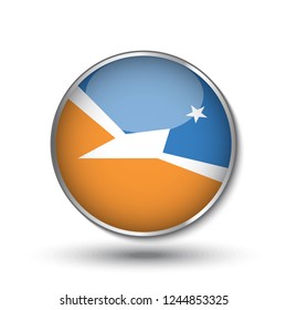 Round button national flag of Bandera de la Provincia de Tierra del Fuego with the reflection of light and shadow. Icon country. Realistic vector illustration.