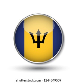 Round button national flag of Barbados with the reflection of light and shadow. Icon country. Realistic vector illustration.
