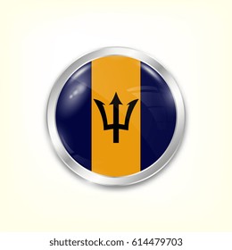 Round button national flag of Barbados with the reflection of light and shadow. Icon country. Realistic vector illustration.