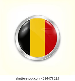 Round button national flag of Belgium with the reflection of light and shadow. Icon country. Realistic vector illustration.