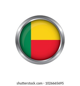 Round button national flag of Benin with the reflection of light and shadow. Icon country. Realistic vector illustration.