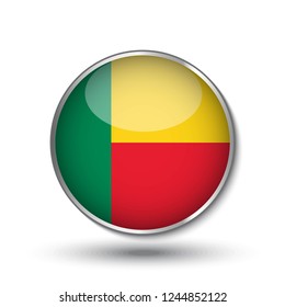 Round button national flag of Benin with the reflection of light and shadow. Icon country. Realistic vector illustration.