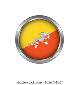 Round button national flag of Bhutan with the reflection of light and shadow. Icon country. Realistic vector illustration.
