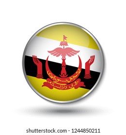 Round button national flag of Brunei Darussalam with the reflection of light and shadow. Icon country. Realistic vector illustration.