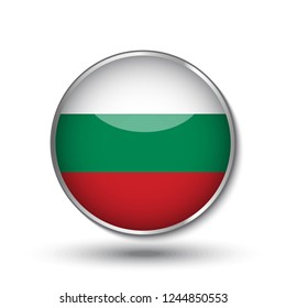 Round button national flag of Bulgarian with the reflection of light and shadow. Icon country. Realistic vector illustration.