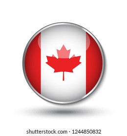 Round button national flag of Canada with the reflection of light and shadow. Icon country. Realistic vector illustration.