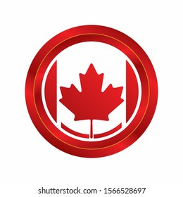 Round button national flag of Canadian in a glossy circle shape with chrome frame. 3D Rendering