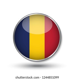 Round button national flag of Chad with the reflection of light and shadow. Icon country. Realistic vector illustration.