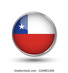 Round button national flag of Chile with the reflection of light and shadow. Icon country. Realistic vector illustration.
