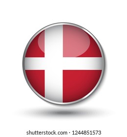 Round button national flag of Denmark with the reflection of light and shadow. Icon country. Realistic vector illustration.