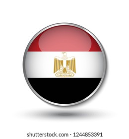 Round button national flag of Egypt with the reflection of light and shadow. Icon country. Realistic vector illustration.