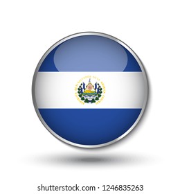 Round button national flag of EI Salvador with the reflection of light and shadow. Icon country. Realistic vector illustration.