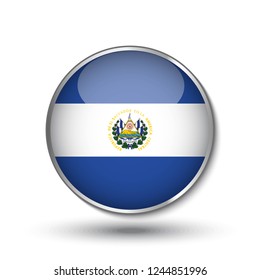 Round button national flag of El Salvador with the reflection of light and shadow. Icon country. Realistic vector illustration.