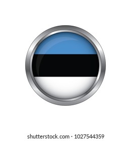 Round button national flag of Estonia with the reflection of light and shadow. Icon country. Realistic vector illustration.