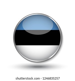 Round button national flag of Estonia with the reflection of light and shadow. Icon country. Realistic vector illustration.