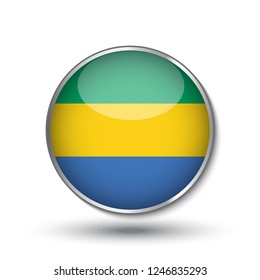 Round button national flag of Gabon with the reflection of light and shadow. Icon country. Realistic vector illustration.