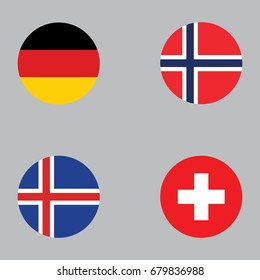 Round button national flag of Germany, Norway, Iceland, Switzerland Country europe flag icon