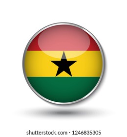 Round button national flag of Ghana with the reflection of light and shadow. Icon country. Realistic vector illustration.