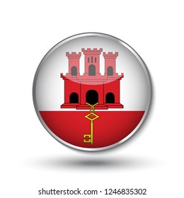Round button national flag of Giblaltar with the reflection of light and shadow. Icon country. Realistic vector illustration.