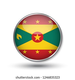 Round button national flag of Grenada with the reflection of light and shadow. Icon country. Realistic vector illustration.