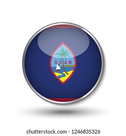 Round button national flag of Guam with the reflection of light and shadow. Icon country. Realistic vector illustration.