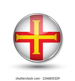 Round button national flag of Guernsey with the reflection of light and shadow. Icon country. Realistic vector illustration.