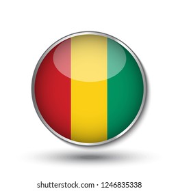 Round button national flag of Guinea with the reflection of light and shadow. Icon country. Realistic vector illustration.