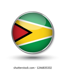 Round button national flag of Guyana with the reflection of light and shadow. Icon country. Realistic vector illustration.