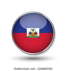 Round button national flag of Haiti with the reflection of light and shadow. Icon country. Realistic vector illustration.